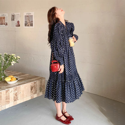 【ワンピース】フラワープリント リボン付き 長袖ワンピース レディース マキシ丈 トレンドコーデ 大人可愛い【SHシリーズ】