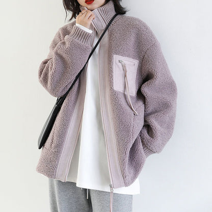 【24AW】【アウター】秋冬 ゆったり スタンドカラー ラムウール あったか ジャケット