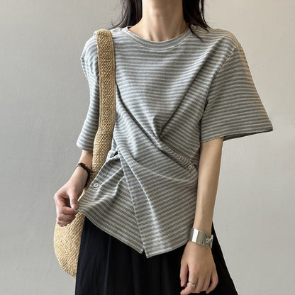 【トップス】フレンチエレガンス ストライプ柄 夏新作 ハイセンス半袖Tシャツ【JZシリーズ】