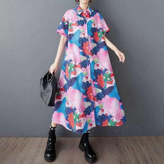 【ワンピース】韓国風 プリントシャツワンピース レディース 夏 半袖 ロング丈 ゆったり 体型カバー【SHシリーズ】