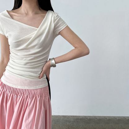 【トップス】夏 ドレープネック フレンチスタイル 半袖 Ｔシャツ【SNシリーズ】