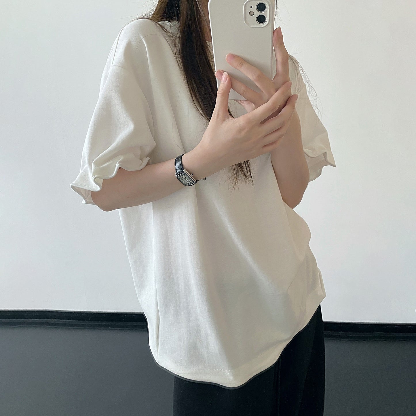 【トップス】ホワイト ニットデザイン 半袖Tシャツ ゆったりシルエット 着痩せ シンプル カジュアル トップス【FCシリーズ】