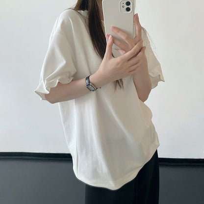 【トップス】ホワイト ニットデザイン 半袖Tシャツ ゆったりシルエット 着痩せ シンプル カジュアル トップス【FCシリーズ】