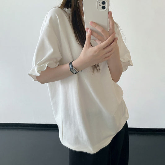 【トップス】ホワイト ニットデザイン 半袖Tシャツ ゆったりシルエット 着痩せ シンプル カジュアル トップス【FCシリーズ】