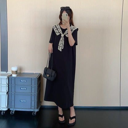 【ワンピース】フレンチ風ブラックワンピース レディース 夏 ケープデザイン 半袖  シンプル上品 ロング丈 大人可愛い【JZシリーズ】