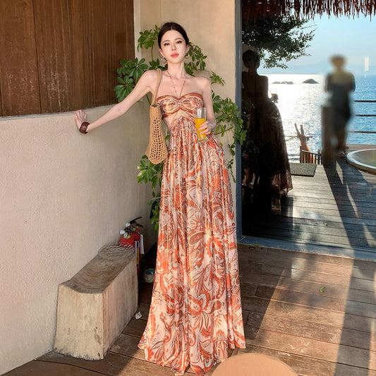 【ワンピース】リゾート風 マキシワンピース レディース 夏 ボヘミアン柄 ノースリーブ ビーチドレス 旅行コーデ【SHシリーズ】