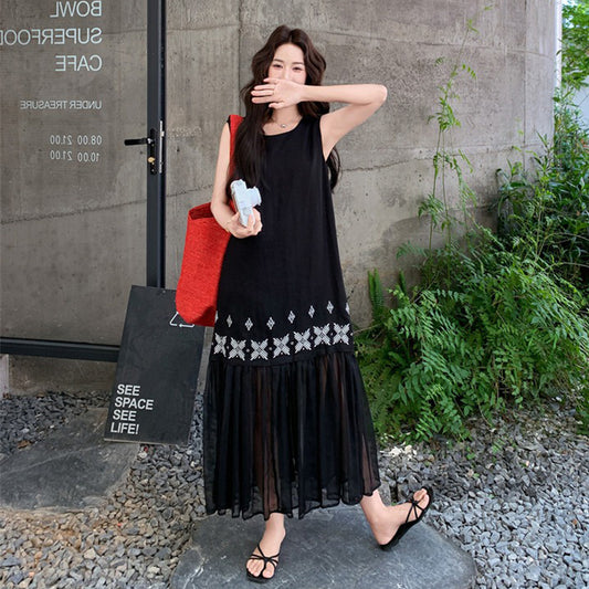 【ワンピース】メッシュ 切り替え ノースリーブワンピース レディース 夏 透け感 ふんわり 上品 若見え ロングワンピース【JZシリーズ】