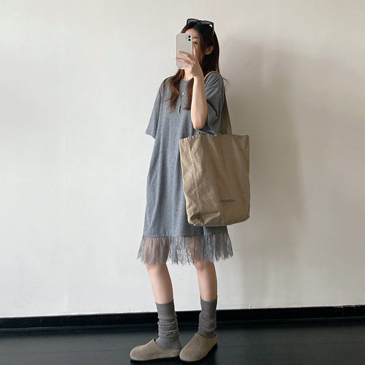 【ワンピース】レース切替Tシャツワンピース レディース 半袖 ゆったり ドロップショルダー リラックス ロング丈 夏【FCシリーズ】