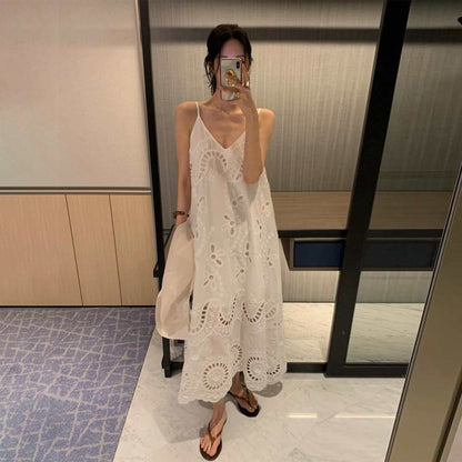 【ワンピース】韓国風 かぎ針編みキャミワンピース レディース 夏 Vネック ノースリーブ ロング丈 リゾート風 ゆったり【JZシリーズ】