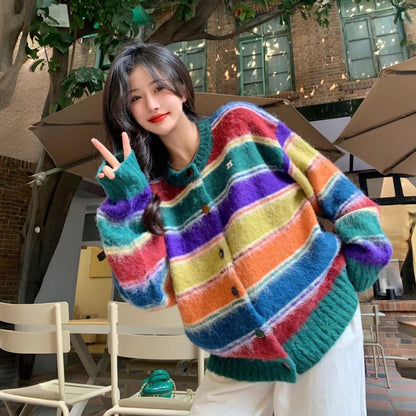 【アウター】プラスサイズ 上品 レトロ レインボーストライプ 若見え カーディガン 【JZシリーズ】