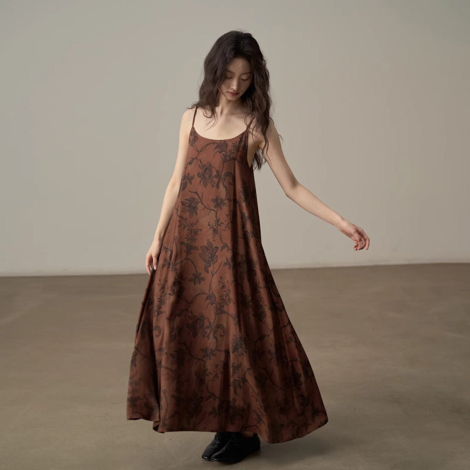 【ワンピース】新中式 ヴィンテージ高級感 プリント 柔らかい素材 リゾート風 ノースリーブワンピース【SHシリーズ】