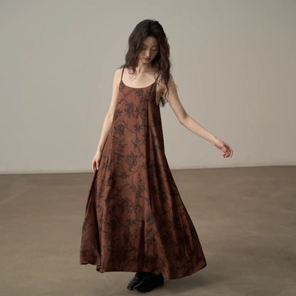 【ワンピース】新中式 ヴィンテージ高級感 プリント 柔らかい素材 リゾート風 ノースリーブワンピース【SHシリーズ】