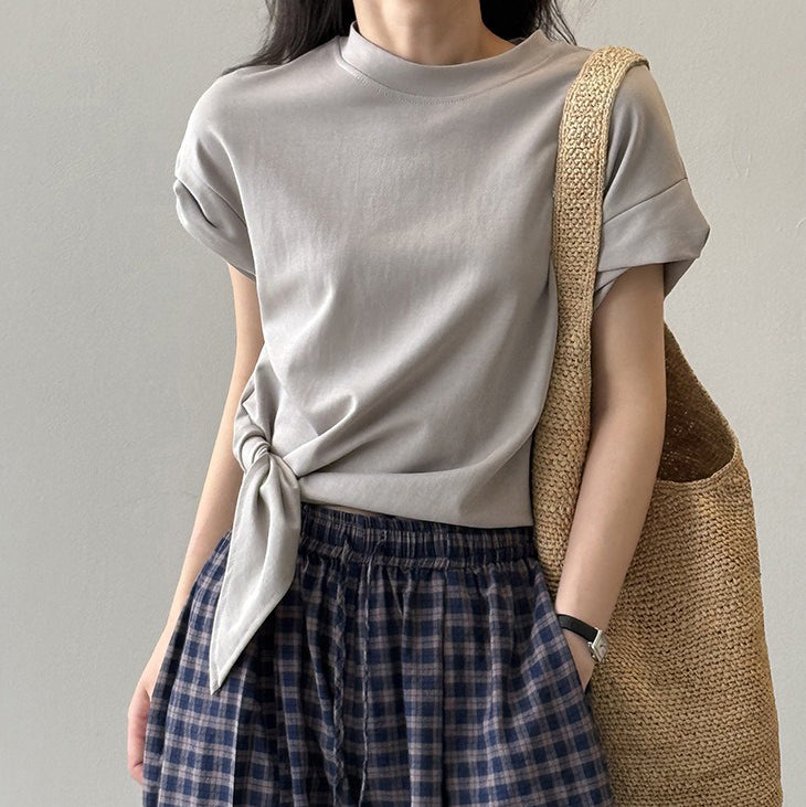 【トップス】夏新作 フレンチカジュアル 細見えシルエット リボンデザイン クルーネック半袖Tシャツ【JZシリーズ】