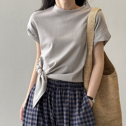【トップス】夏新作 フレンチカジュアル 細見えシルエット リボンデザイン クルーネック半袖Tシャツ【JZシリーズ】