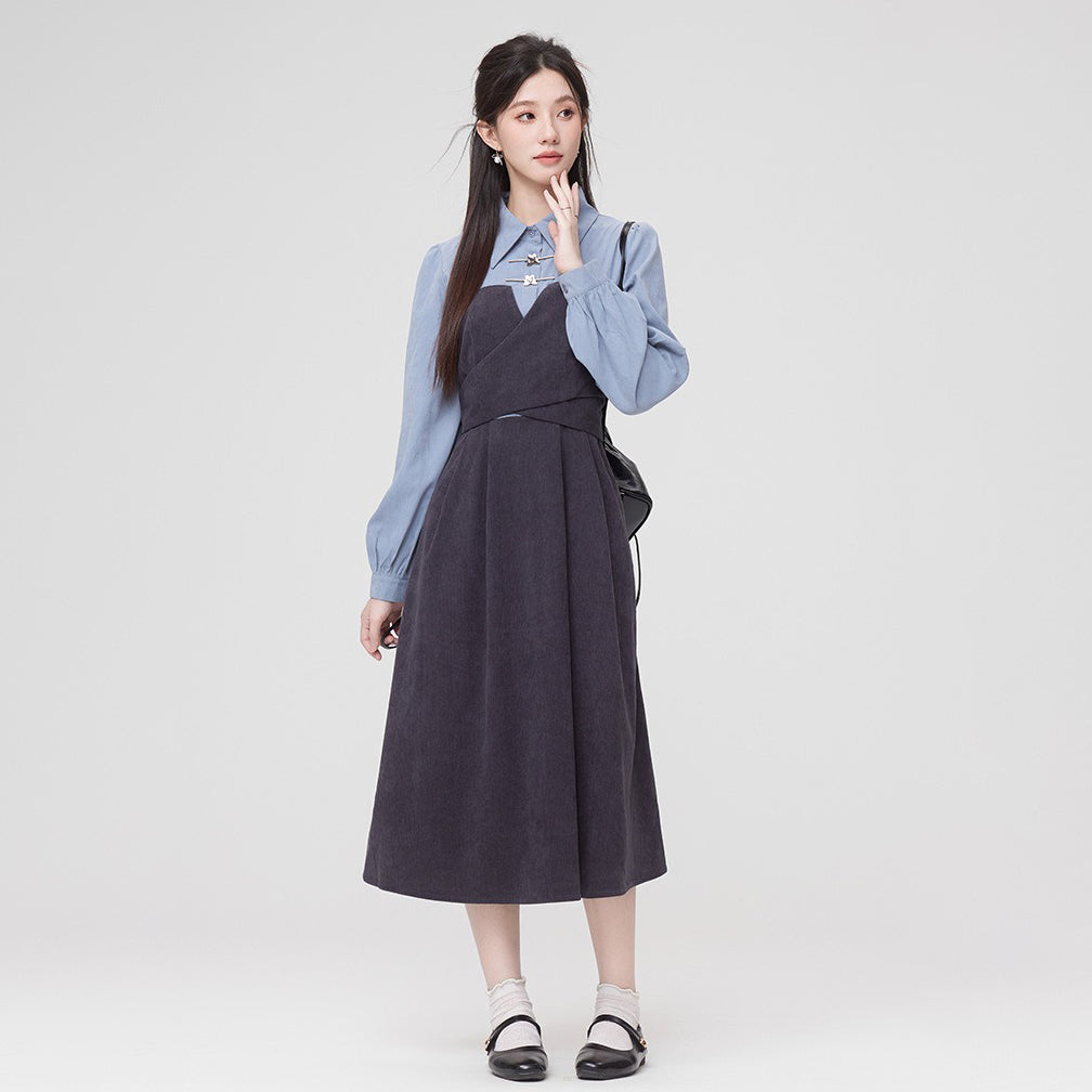 【ワンピース】秋新作 文芸風 フェミニン 個性派 ドッキング風 ウエストマーク 長袖ワンピース【JZシリーズ】