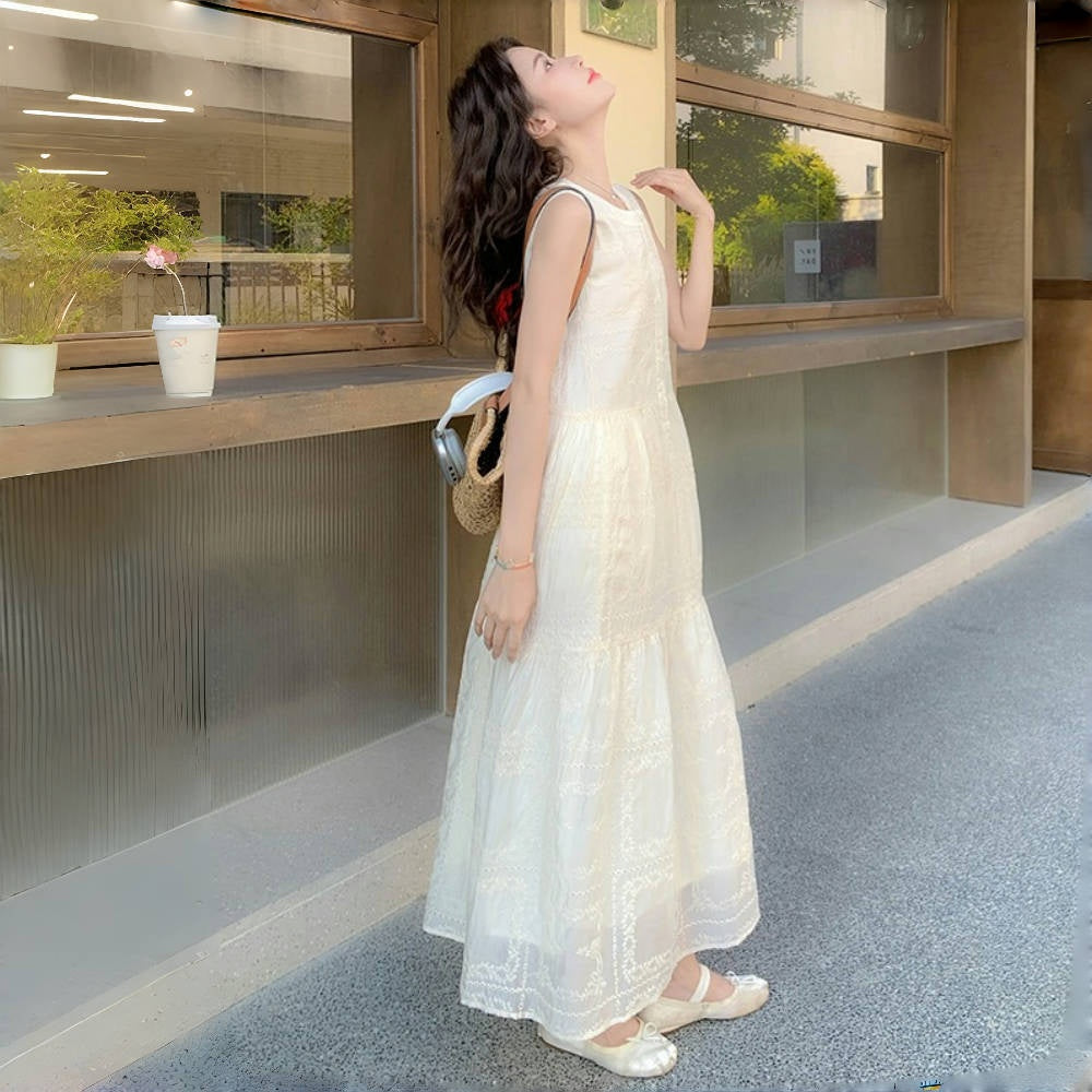 【ワンピース】オフホワイト レース刺繍 ノースリーブ タンク シャツワンピース レディース 夏 フレンチ風 優しげ バカンス デート フェアリー ロングドレス【JZシリーズ】