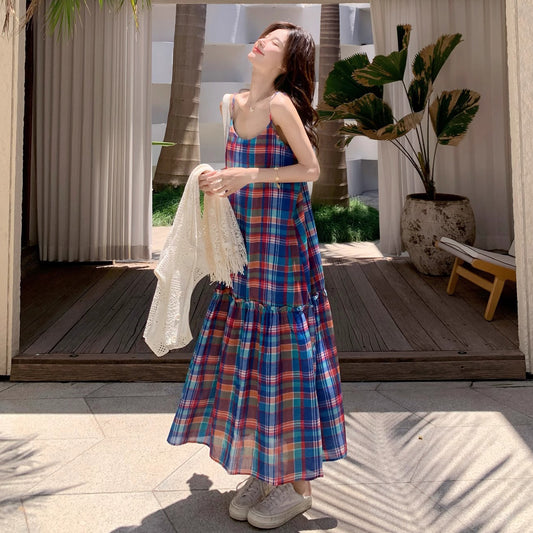 2点セット！【セットアップ】夏新作 レトロ感漂う メッシュカーディガン＋チェックキャミワンピース 重ね着2点セット【SHシリーズ】