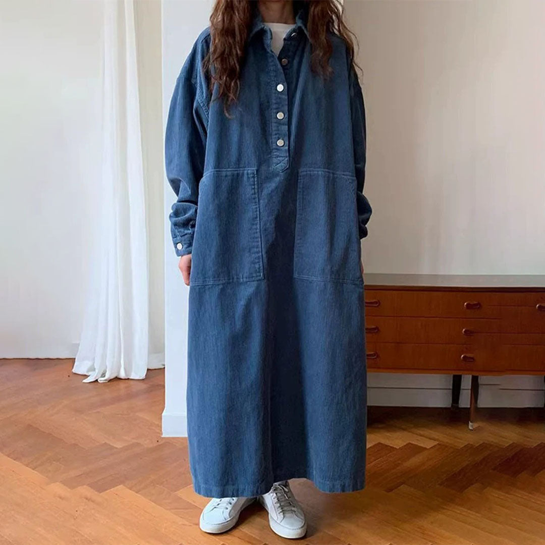 【24AW】【ワンピース】韓国風 レトロ Basic日常簡約 コーデュロイ生地 デニム長袖ワンピース