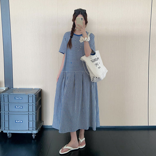 【ワンピース】ボーダー切替Tシャツワンピース レディース 夏 半袖 ロング丈 韓国風 ゆったりシルエット リラックスカジュアル【JZシリーズ】