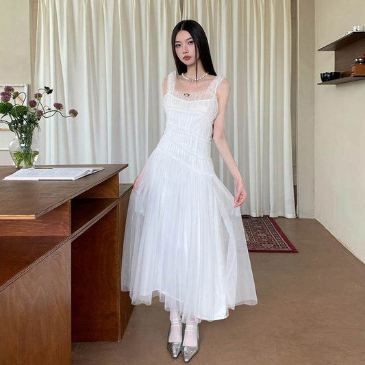 【ワンピース】チュールキャミワンピース 夏新作 軽やか ふんわりボリューム ロング丈 ノースリーブ 無地 レディース【JZシリーズ】