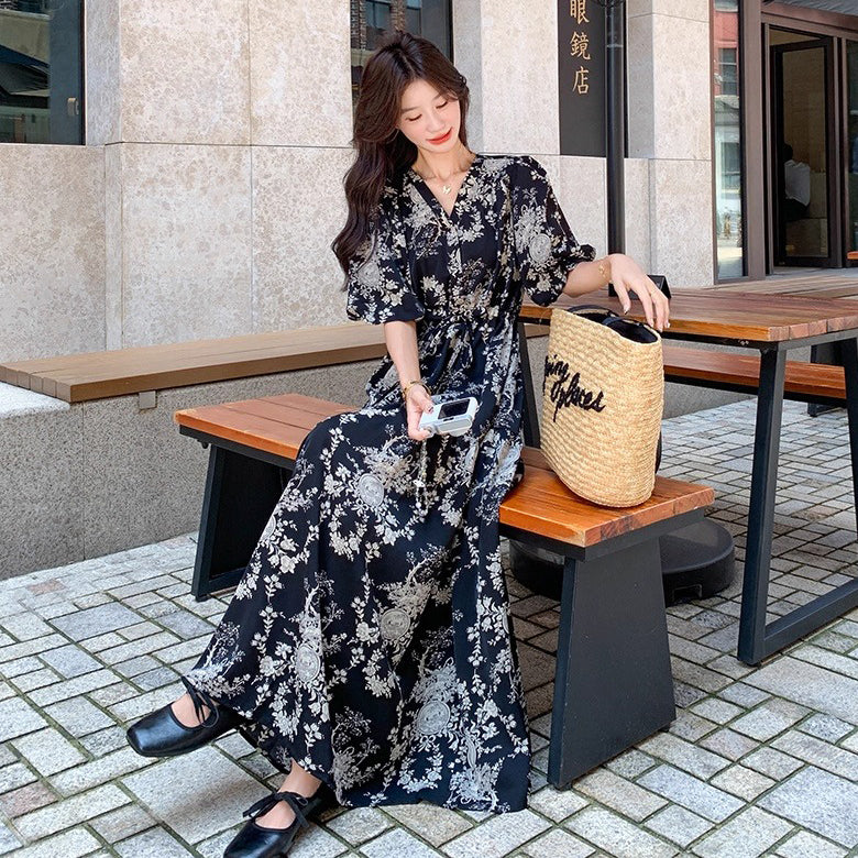 【ワンピース】フレンチ風 花柄 半袖ワンピース レディース 夏 パフスリーブ ティードレス ロング丈【SHシリーズ】