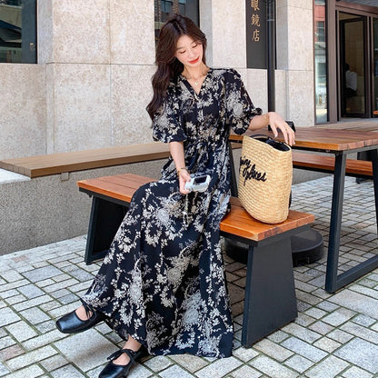 【ワンピース】フレンチ風 花柄 半袖ワンピース レディース 夏 パフスリーブ ティードレス ロング丈【SHシリーズ】