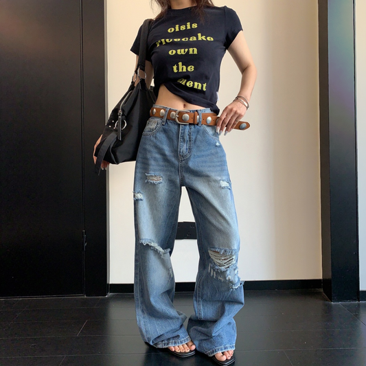 【ボトムス】ユーズド加工 ダメージ加工 ロング丈 ワイドデニムパンツ 【FCシリーズ】