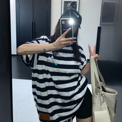 【トップス】ストライプ Tシャツ レディース 夏 半袖 カートゥーン ゆったり オーバーサイズ クルーネック 人気 リラックスコーデ【FCシリーズ】