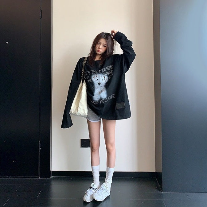 【トップス】ヴィンテージ加工 カートゥーンプリント ゆったり 長袖Tシャツ 【FCシリーズ】