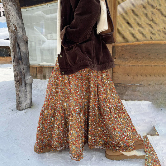 【ボトムス】裏起毛 花柄ロングスカート 秋冬 新作 ゆったり シルエット綺麗【SHシリーズ】