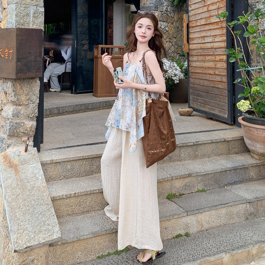 2点セット！【セットアップ】ボヘミアン柄 アシンメトリー キャミソール＋ワイドパンツ 上下セット レディース 夏 リラックス感 ゆったり リゾートコーデ【SHシリーズ】