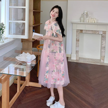 【ワンピース】プリント ゆったり お腹周りカバー  ロマンティック チュールワンピース 【SHシリーズ】