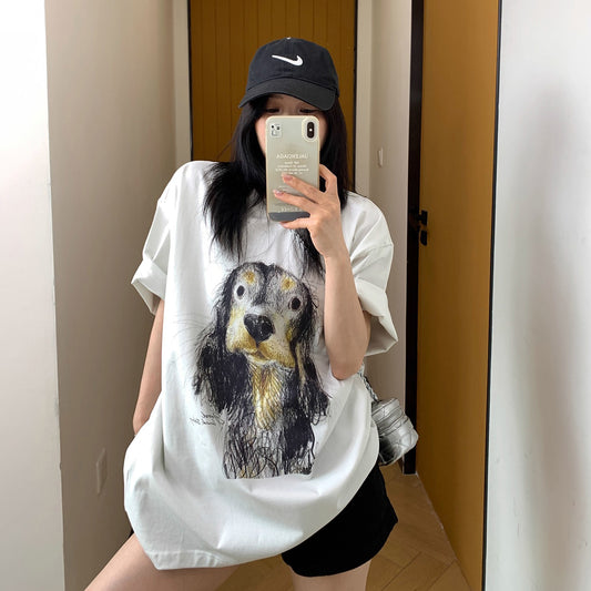 【トップス】カジュアル リラックス感 カートゥーン犬落書き 半袖Tシャツ【FCシリーズ】