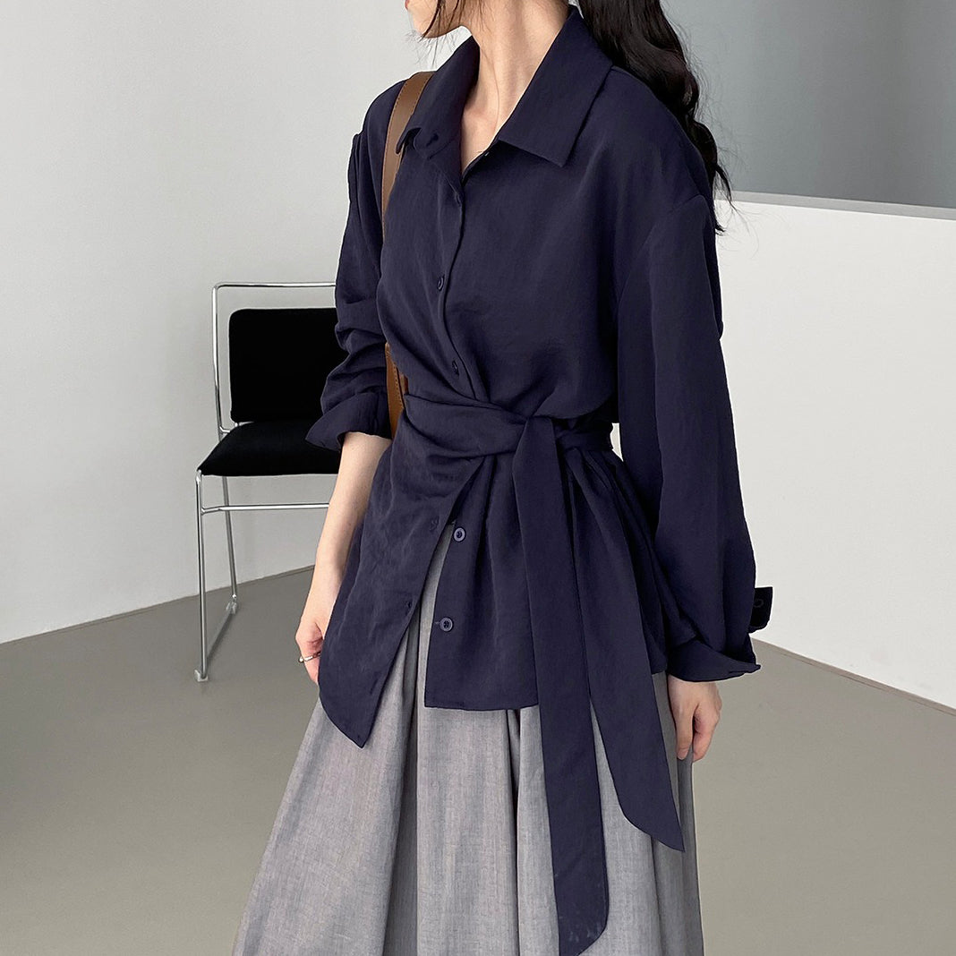 【トップス】ウエストマークで細見え！韓国風デザイン性たっぷりサイドリボンシャツ レディース 通勤エレガント長袖シャツ【JZシリーズ】