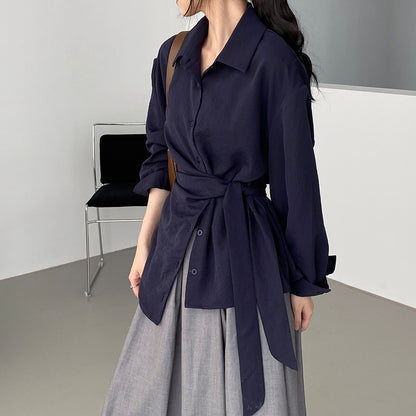 【トップス】ウエストマークで細見え！韓国風デザイン性たっぷりサイドリボンシャツ レディース 通勤エレガント長袖シャツ【JZシリーズ】