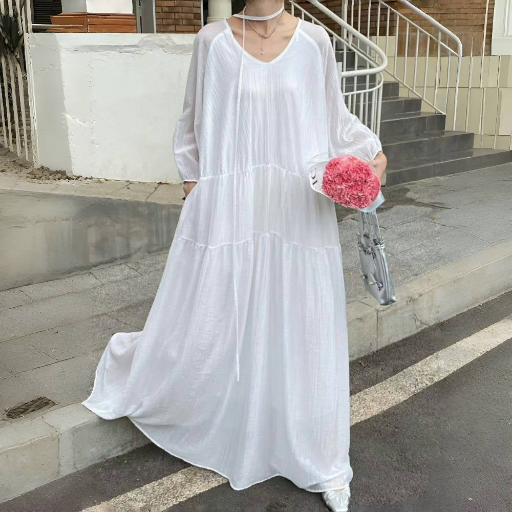 【ワンピース】7カラー 夏 韓国風 ゆったり 大きめサイズ ロング丈 無地 長袖ワンピース