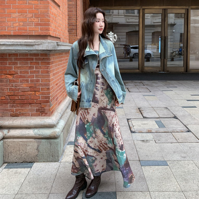 【セットアップ 】レトロデニムジャケット＋花柄キャミワンピースレディース 春秋2025新作 上品ノースリーブワンピース 人気2点セット【SHシリーズ】