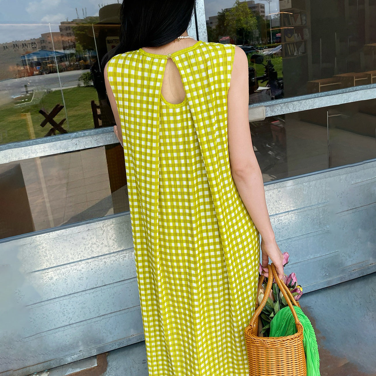【ワンピース】韓国風 チェック柄ノースリーブワンピース レディース Aライン 着痩せ 体型カバー 夏ワンピース【SHシリーズ】