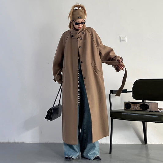 【アウター】秋冬 新作 レディース ウールコート 中長丈 スタンドカラー ラグランスリーブ ベルト付き 高級感【FCシリーズ】