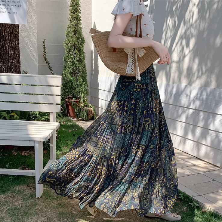 【ボトムス】ボヘミアン風 シフォンプリーツスカート レディース 夏 Aライン 体型カバー 旅行・リゾートにも最適【SHシリーズ】