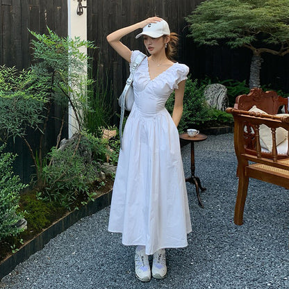 【ワンピース】バックデザイン Vネック 半袖ワンピース 夏新作 ウエストマーク フレンチ風 パフスリーブ モノトーン ロング丈【JZシリーズ】