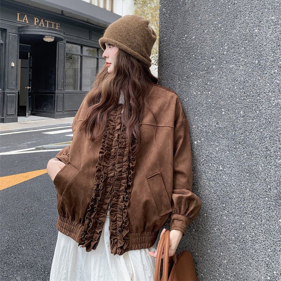 【アウター】カジュアル フリル切り替え スエード調 ショートジャケット【JZシリーズ】