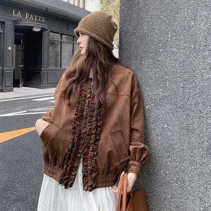 【アウター】カジュアル フリル切り替え スエード調 ショートジャケット【JZシリーズ】