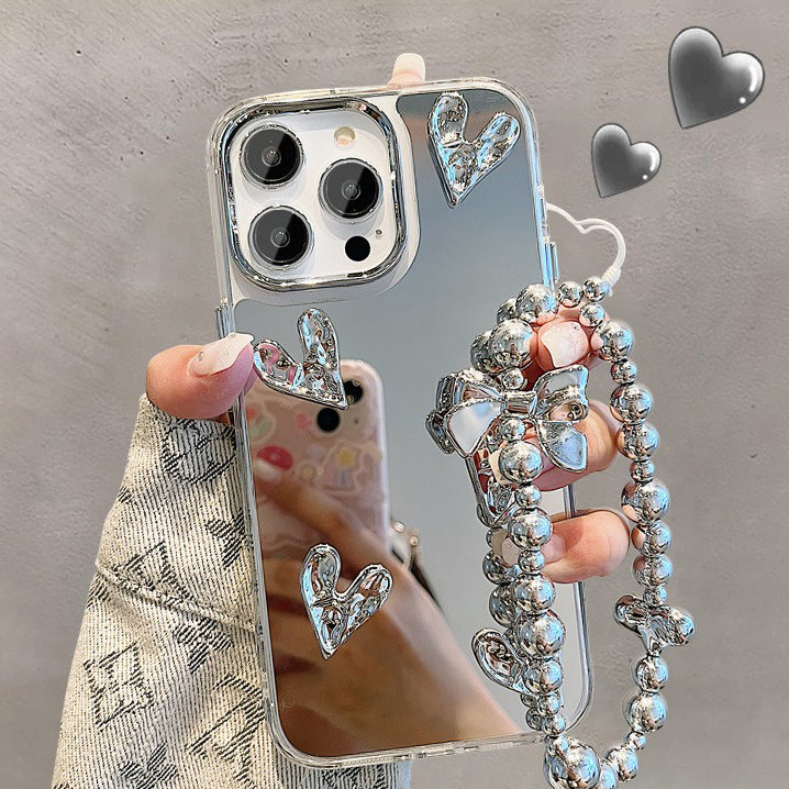 【グッズ】iPhone 15 Pro Max / 16 Pro / 14 / 13 Pro / 12 / 11 用 高級感 インスタ風 メッキ加工 シワ加工 立体ハート 気質レディース ブレスレット風 ミラーケース スマホカバー
