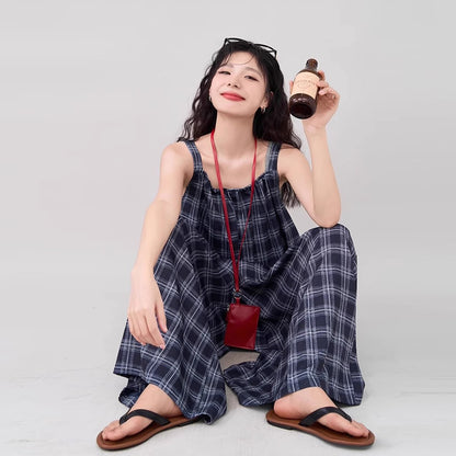 【ボトムス】インスタ風 夏新作 シックヴィンテージ チェック 超ゆったりカジュアル オールインワン【SHシリーズ】