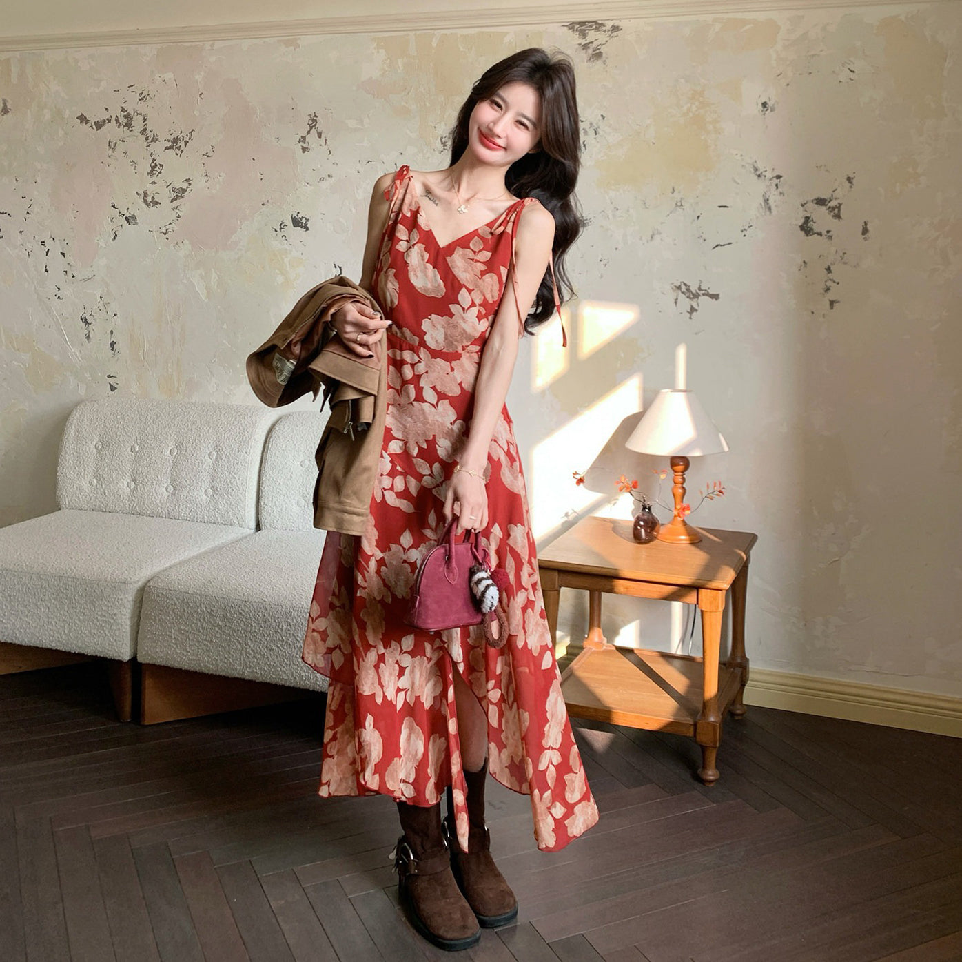 【ワンピース】レトロ花柄 切替デザイン ノースリーブワンピース レディース 大人可愛い きれいめ 細見え 体型カバー 高見え【SHシリーズ】