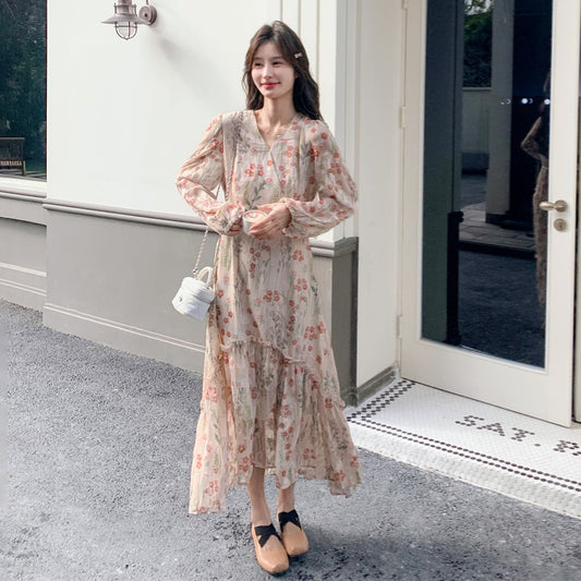 【ワンピース】フレンチエレガント 花柄 長袖ワンピース 春秋 上品で美しい すっきり見え 個性派【SHシリーズ】