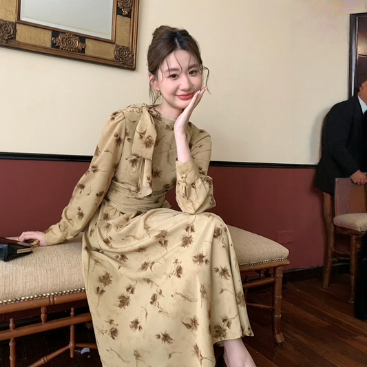 【ワンピース】春 秋 冬 リボンタイ襟 リント プリント ウエストマーク 花柄 ワンピース 【JZシリーズ】