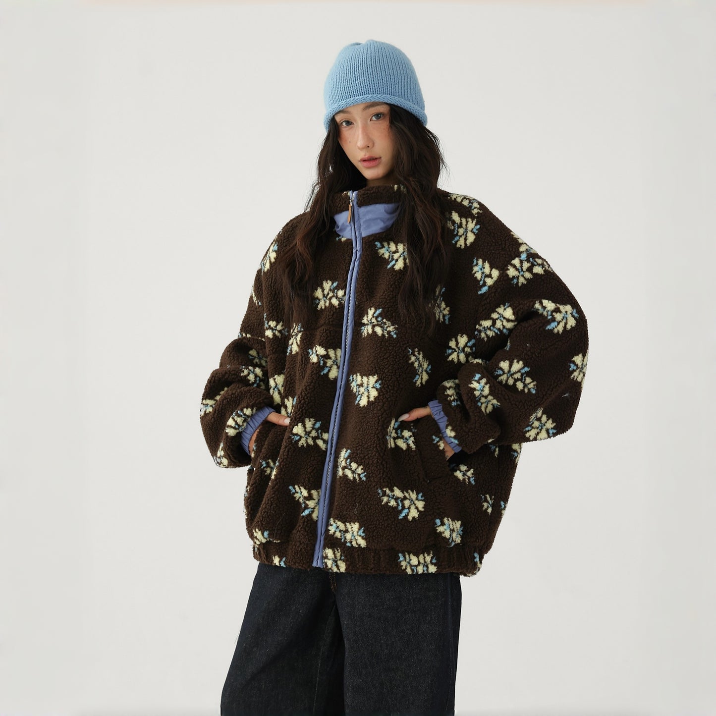 【アウター】レトロ 花柄 厚手 ゆったり スタンドネック ポーラーフリース ジャケット【FCシリーズ】