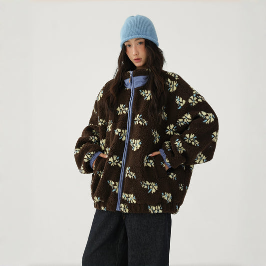 【アウター】レトロ 花柄 厚手 ゆったり スタンドネック ポーラーフリース ジャケット【FCシリーズ】